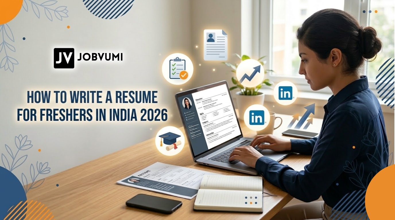 Indian fresher preparing job resume on laptop with resume tips for fresh graduates in India 2026