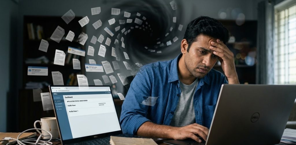Frustrated job seeker staring at laptop, surrounded by rejected resumes and job portal notifications, illustrating why 90% of applications go unseen.