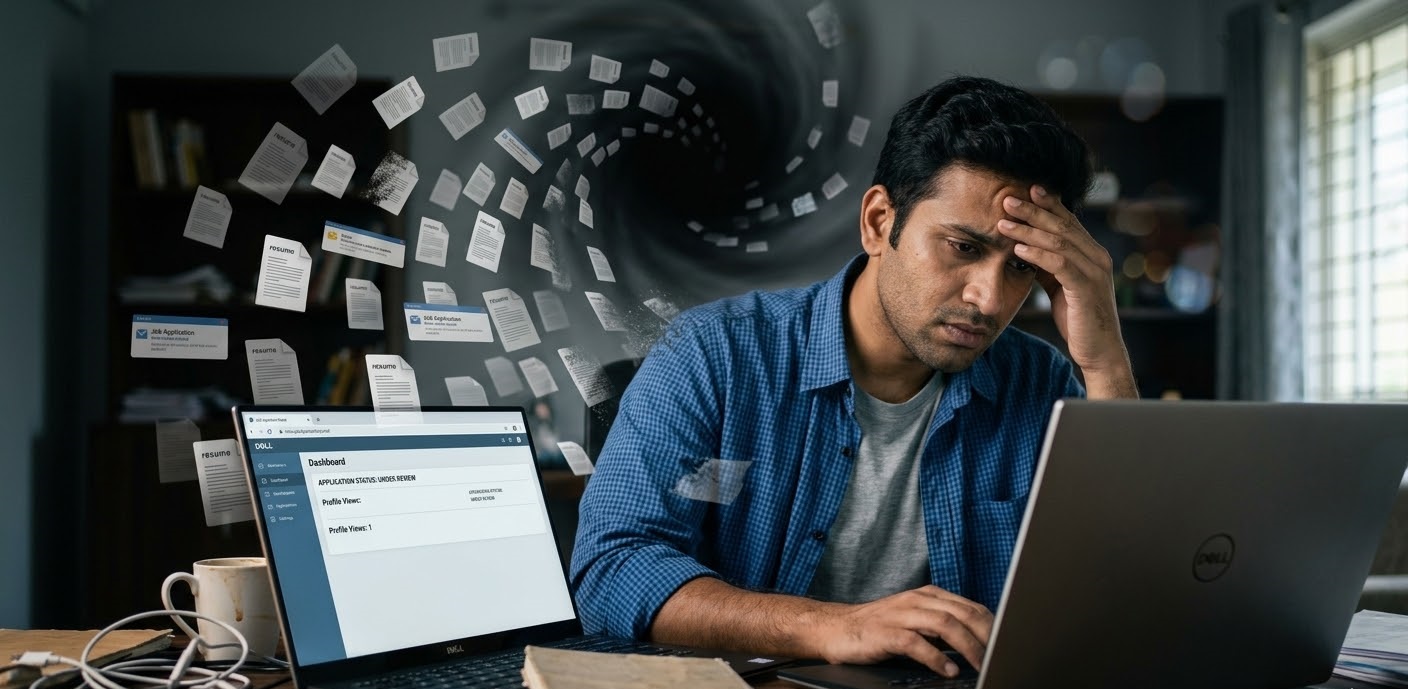 Frustrated job seeker staring at laptop, surrounded by rejected resumes and job portal notifications, illustrating why 90% of applications go unseen.
