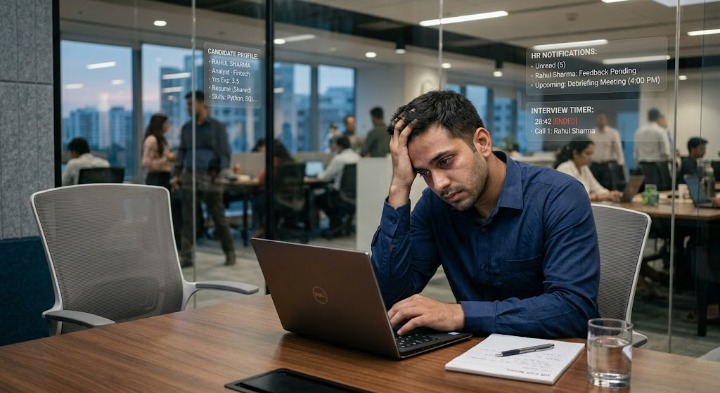 An Indian professional sitting in a modern corporate office looking disappointed after a brief HR interview, with digital resumes and notifications floating in the background, representing frustration with repetitive interview processes.