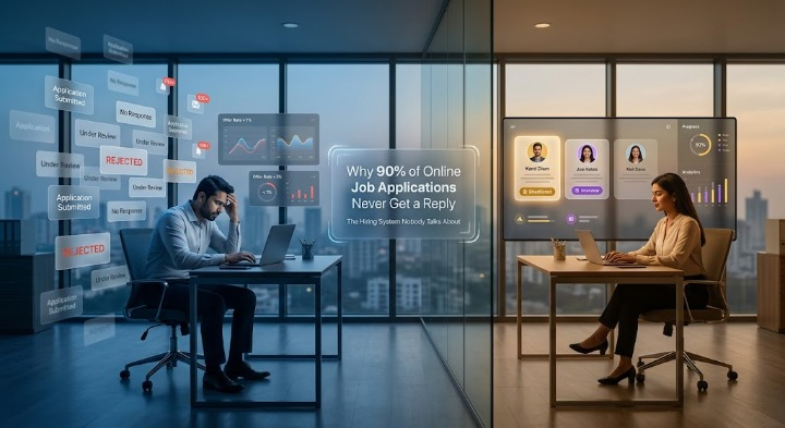 Indian professional facing job rejections with ATS hiring system filtering applications in a modern corporate office scene