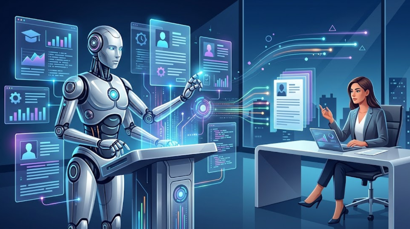 AI analyzing resumes while recruiter observes, showing automation in hiring