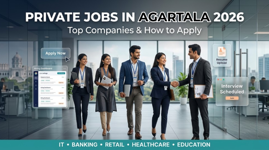 Private jobs in Agartala 2026 banner with Indian professionals hiring scene