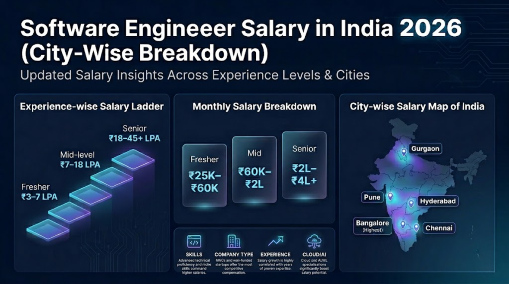 Software engineer salary India 2026 city wise breakdown with experience and monthly pay comparison