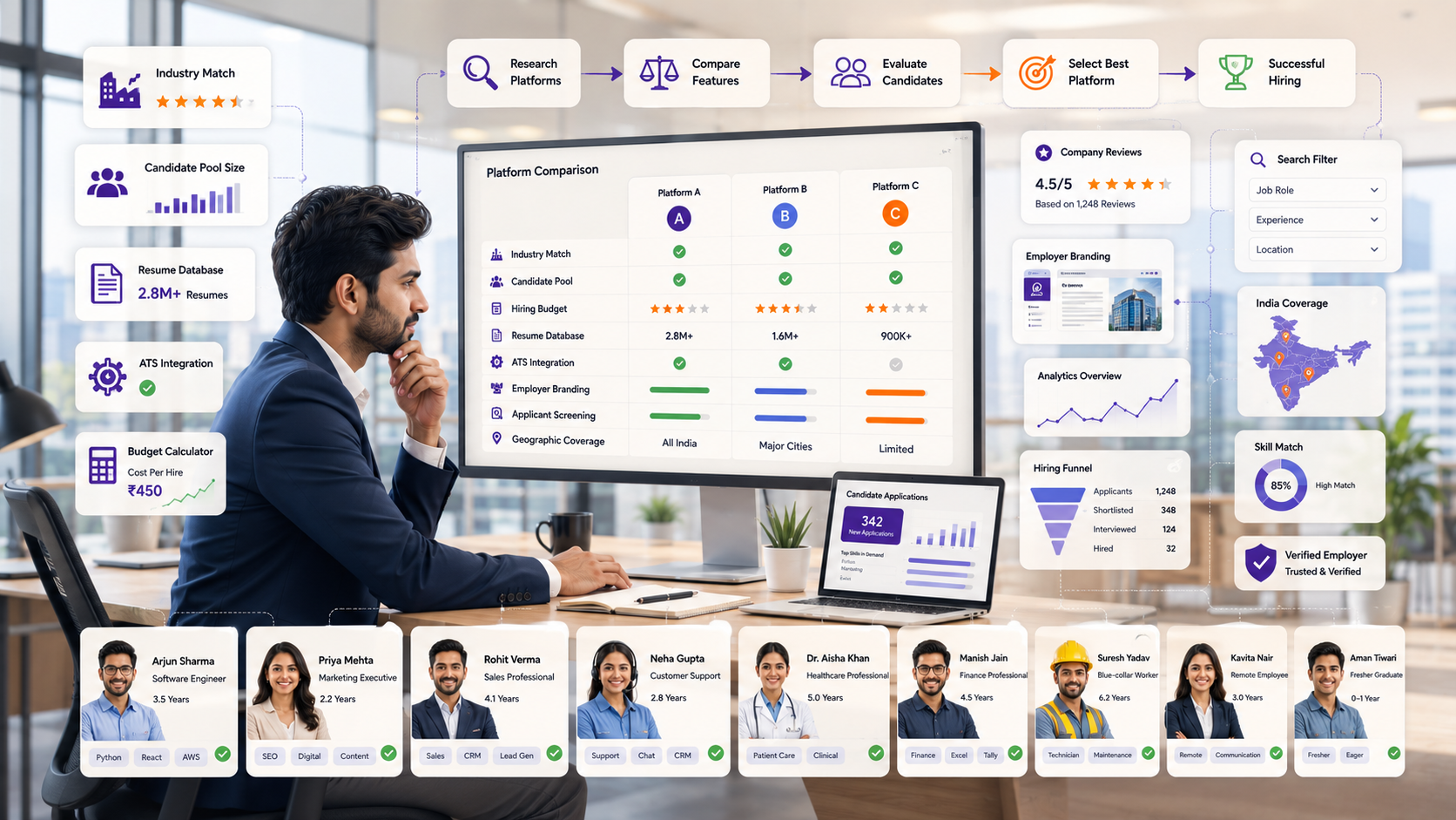 HR manager comparing job posting platforms using hiring criteria such as candidate pool, ATS integration, budget, and employer branding to choose the best recruitment platform.