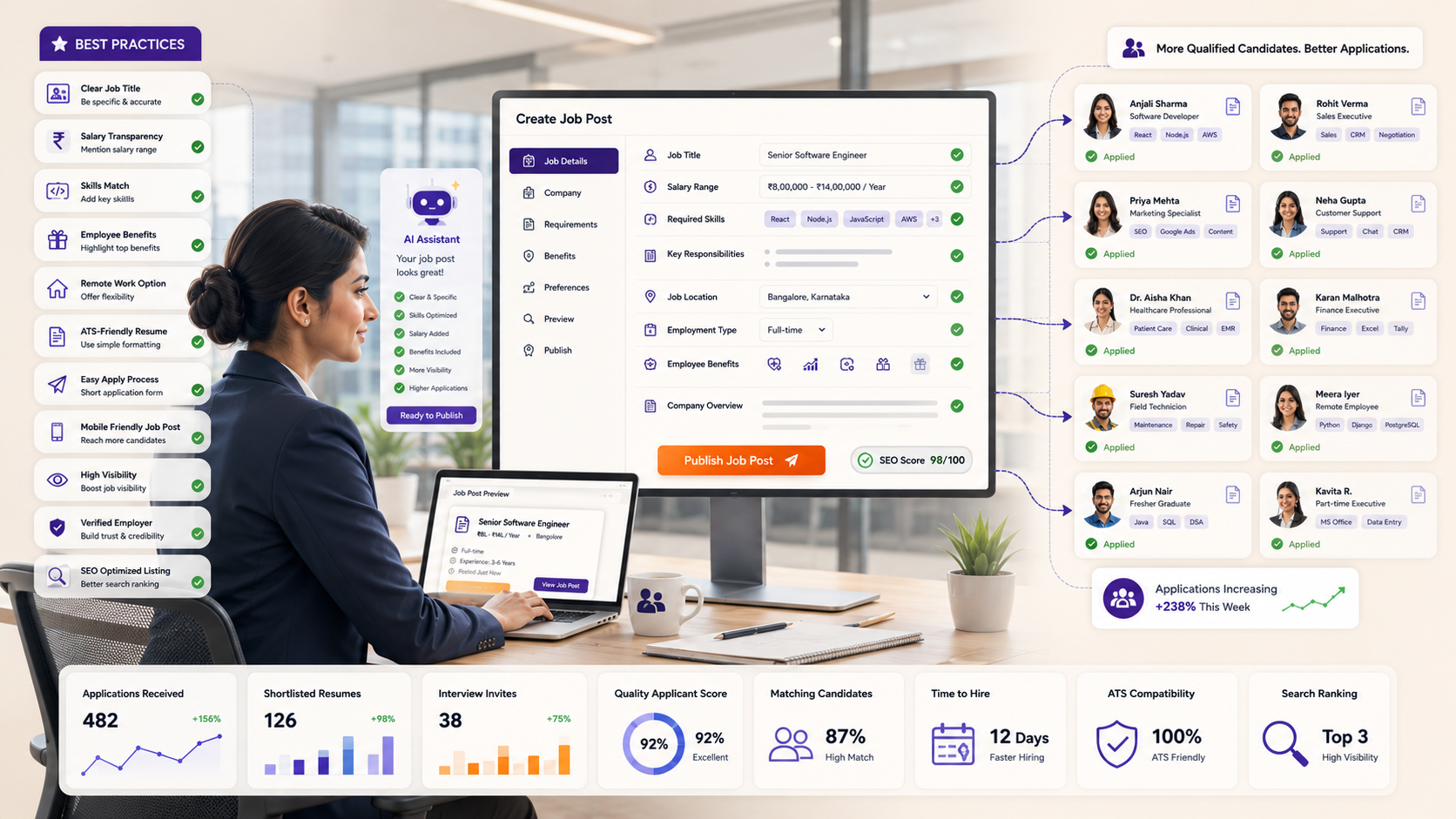Indian HR recruiter creating an optimized job posting with salary, skills, benefits, responsibilities, location, employment type, and ATS-friendly application process to attract more qualified candidates.