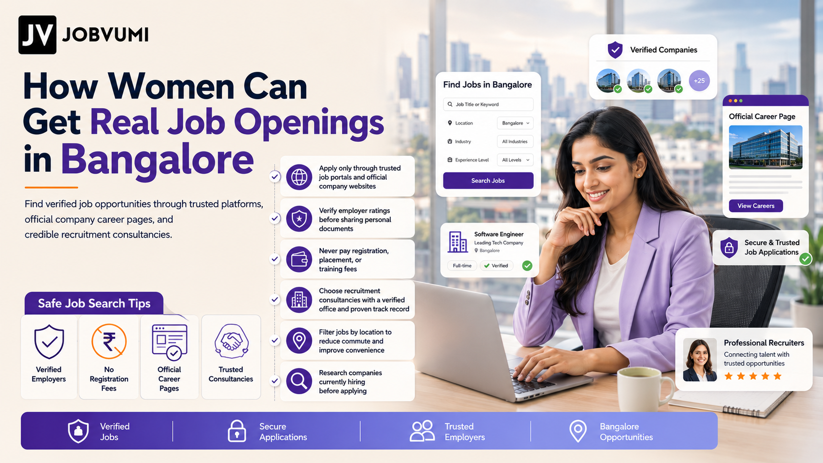 Woman searching for verified job openings in Bangalore using trusted job portals, official company career pages, and reliable recruitment consultancies.
