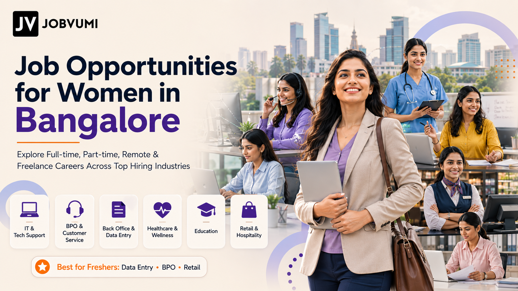 Professional women exploring job opportunities in Bangalore across IT, BPO, healthcare, education, retail, and remote work with JobVumi.