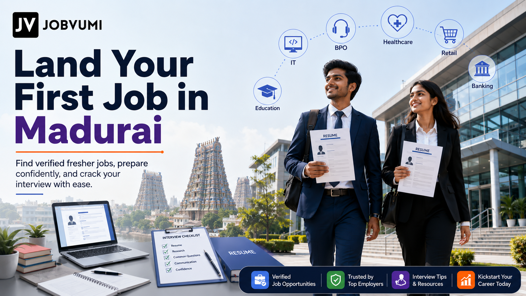 Young freshers attending a job interview in Madurai with resumes