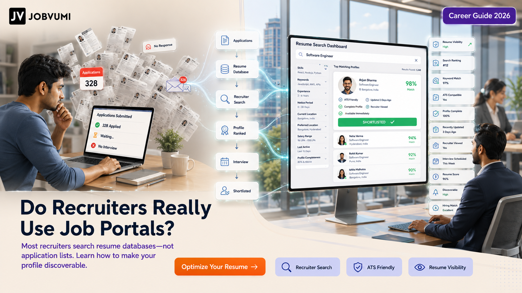 Recruiter searching candidate resumes on a job portal database while a job seeker waits after submitting multiple applications, illustrating how recruiters find candidates through resume search.