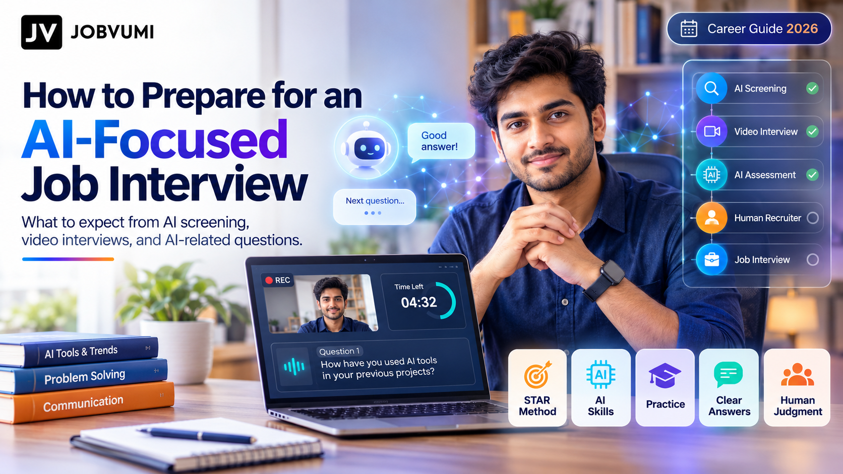 AI-focused job interview preparation with a candidate reviewing questions and AI-related skills on a laptop.